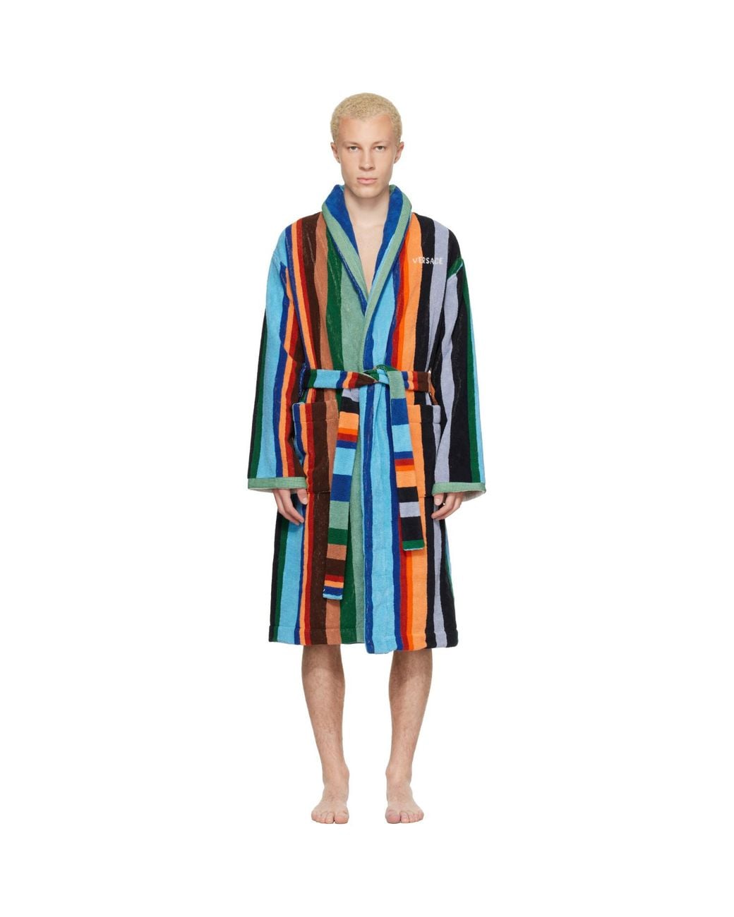 Versace Red Striped Cotton-terry Jacquard Bathrobe for men