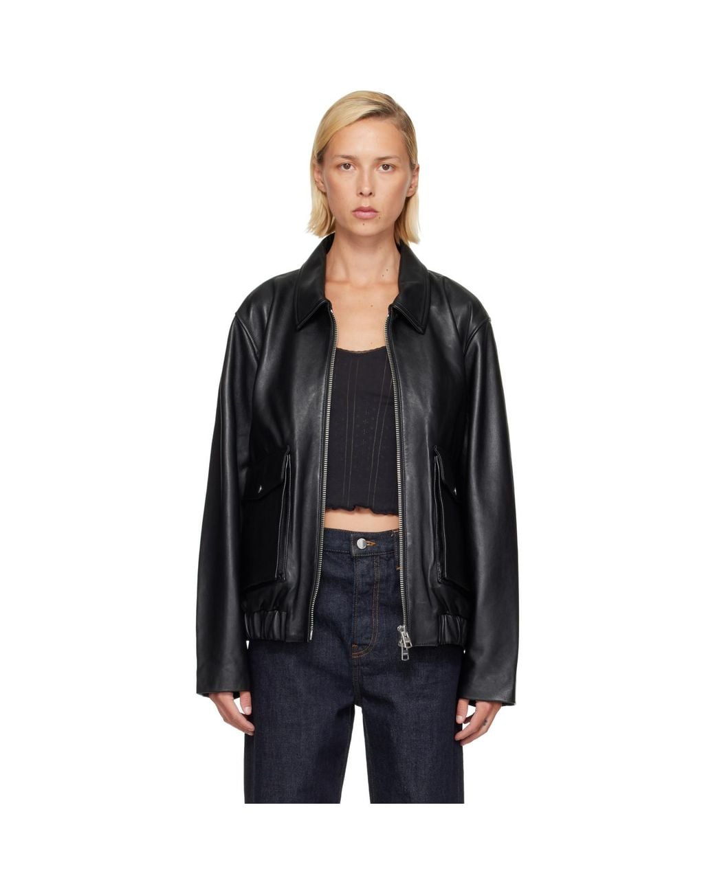 Citizens of Humanity Black Zip Front Leather Bomber Jacket