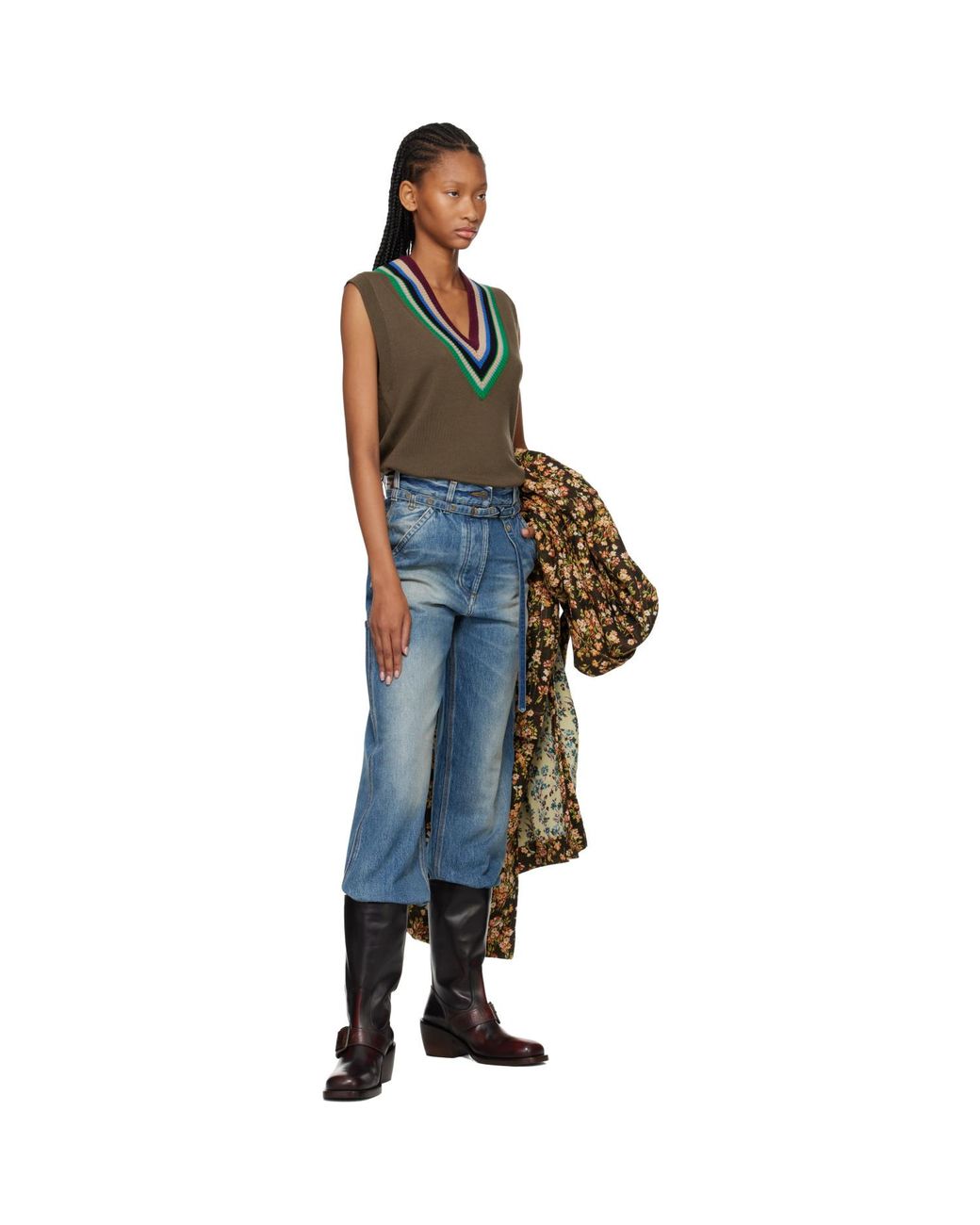 Dries Van Noten Black Khaki V-Neck Wool Vest