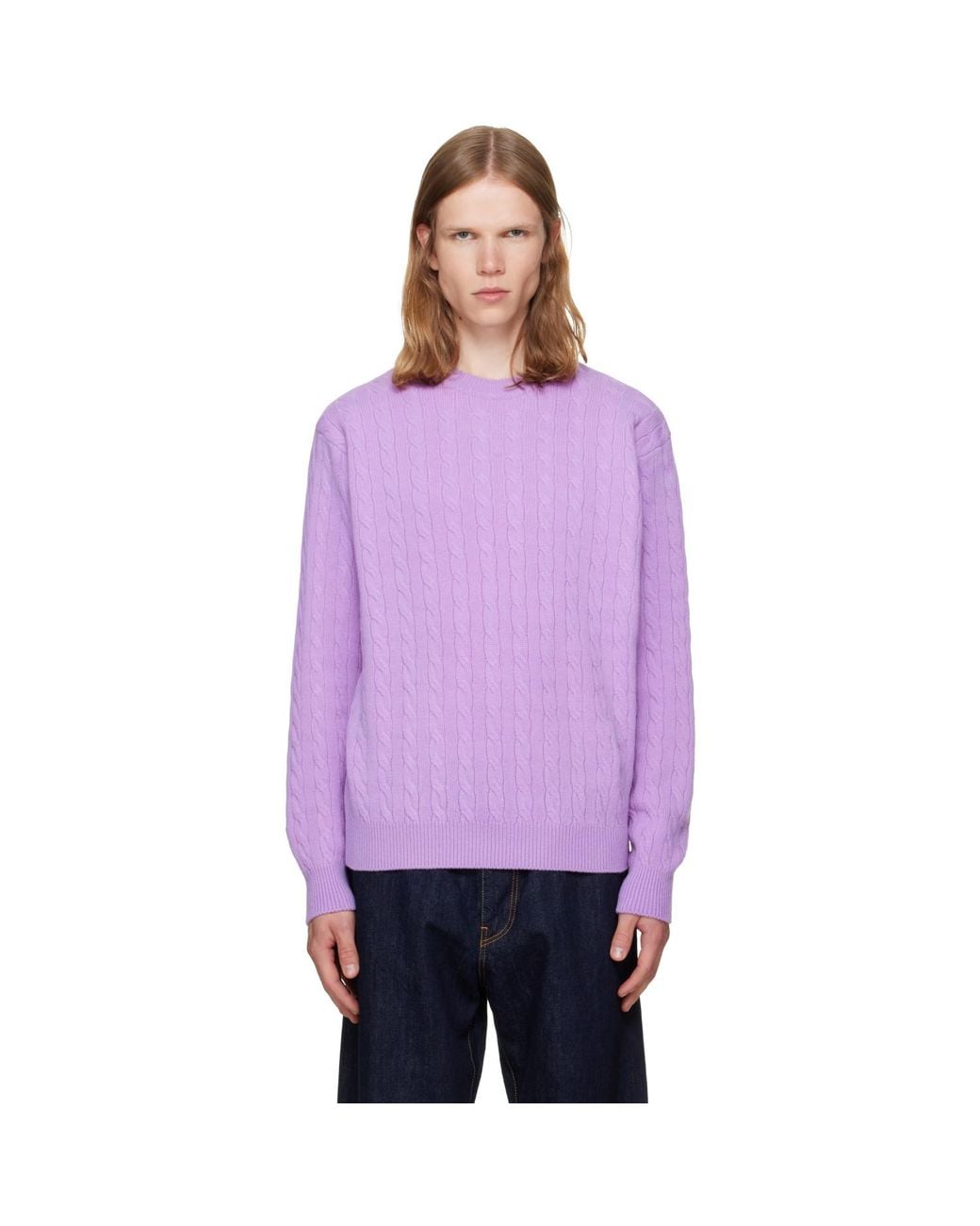 vowels Purple Cable Knit Crewneck Sweater for men