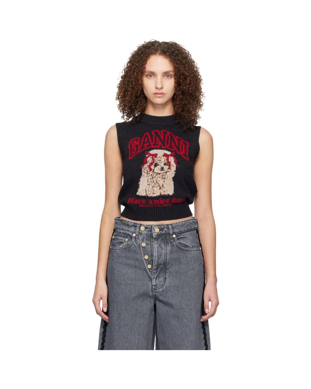 Ganni Black Graphic Wool Vest