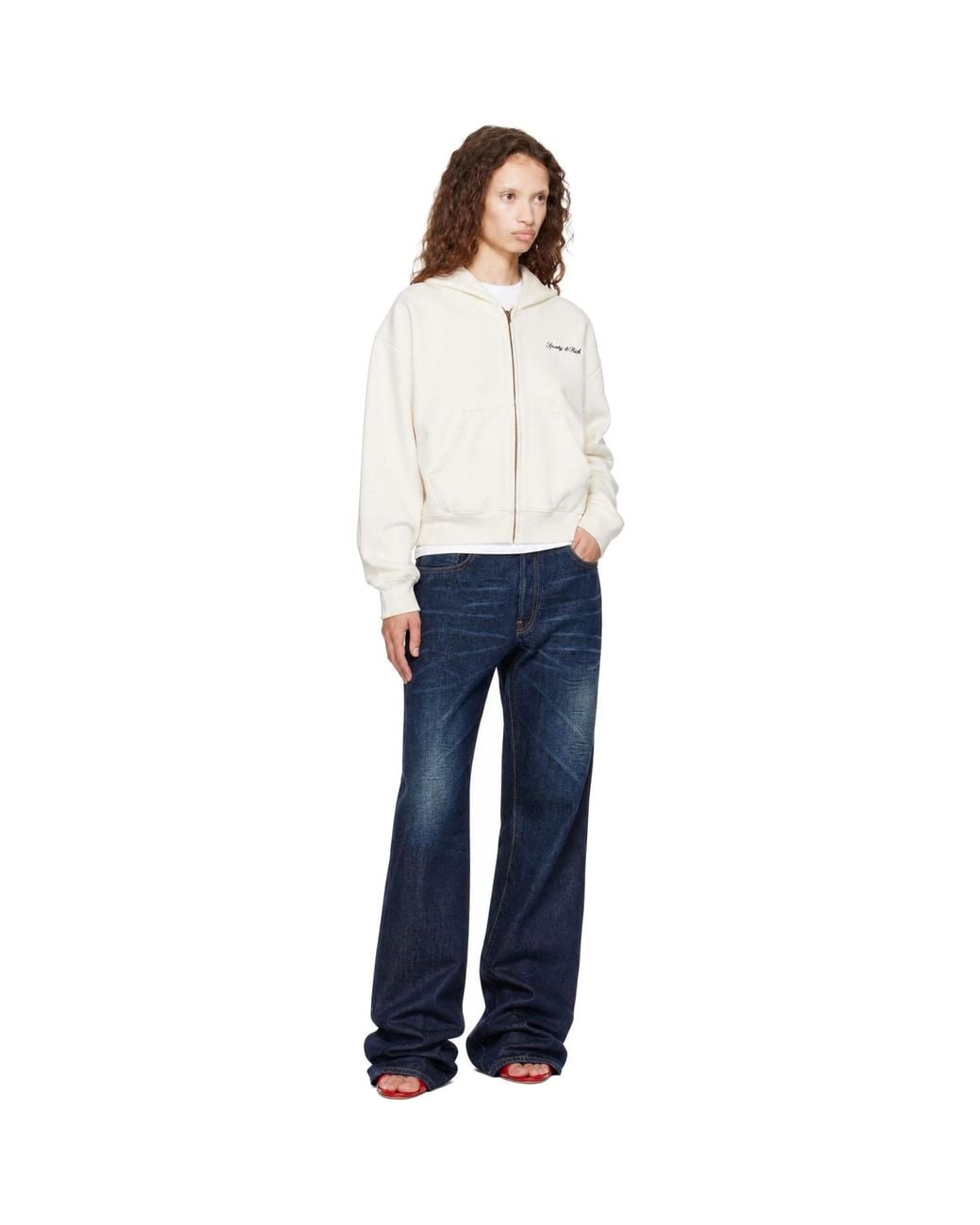 Sporty & Rich White Off- Signature Logo Embroidered Zip Hoodie