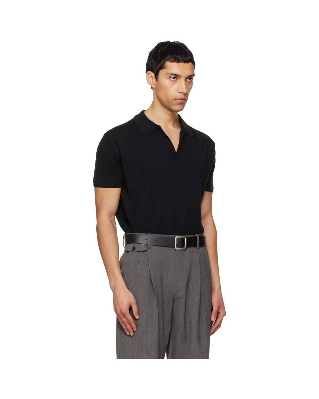 TONYWACK Black Silk Cashmere Open Collar Knit Polo for men
