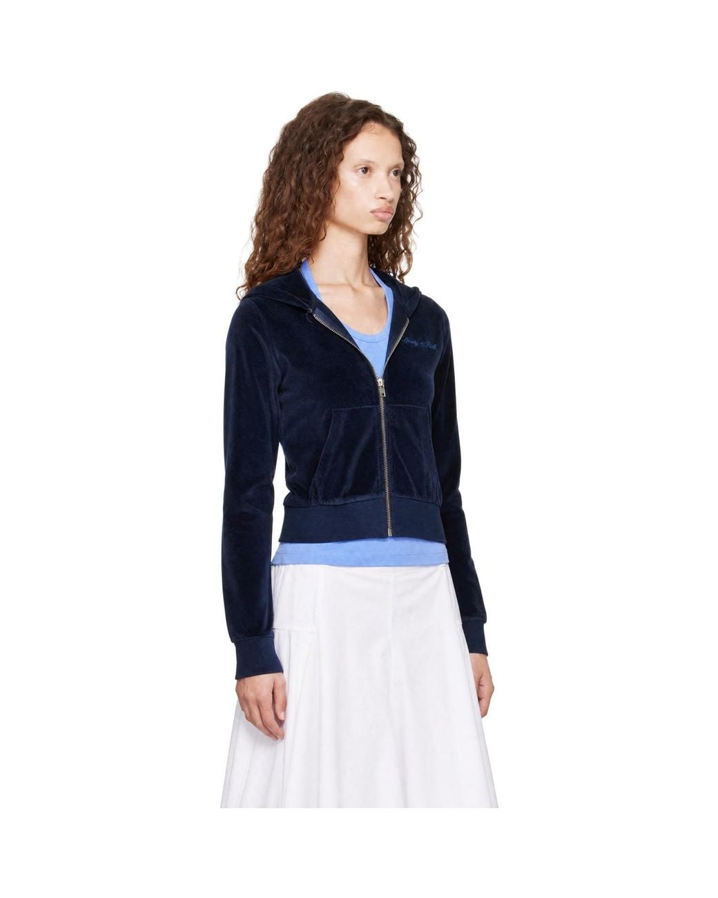 Sporty & Rich Blue Signature Logo Krystal Zip Hoodie