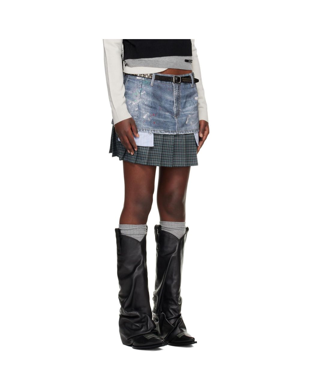 ANDERSSON BELL Blue Painted Layered Pleats Denim Miniskirt
