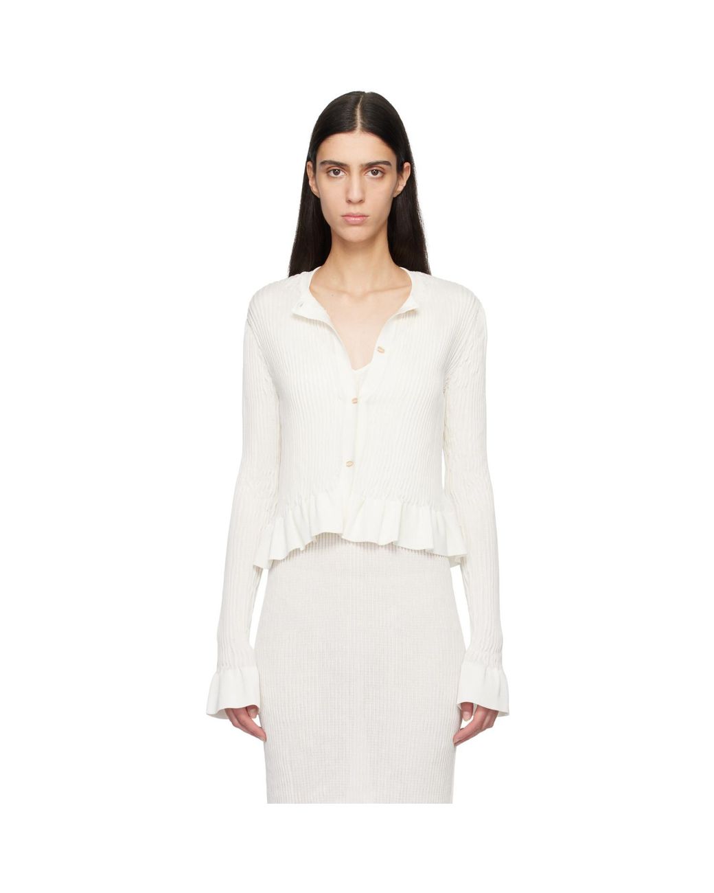 Jil Sander White Off- Long Sleeves Frill Detail Cardigan