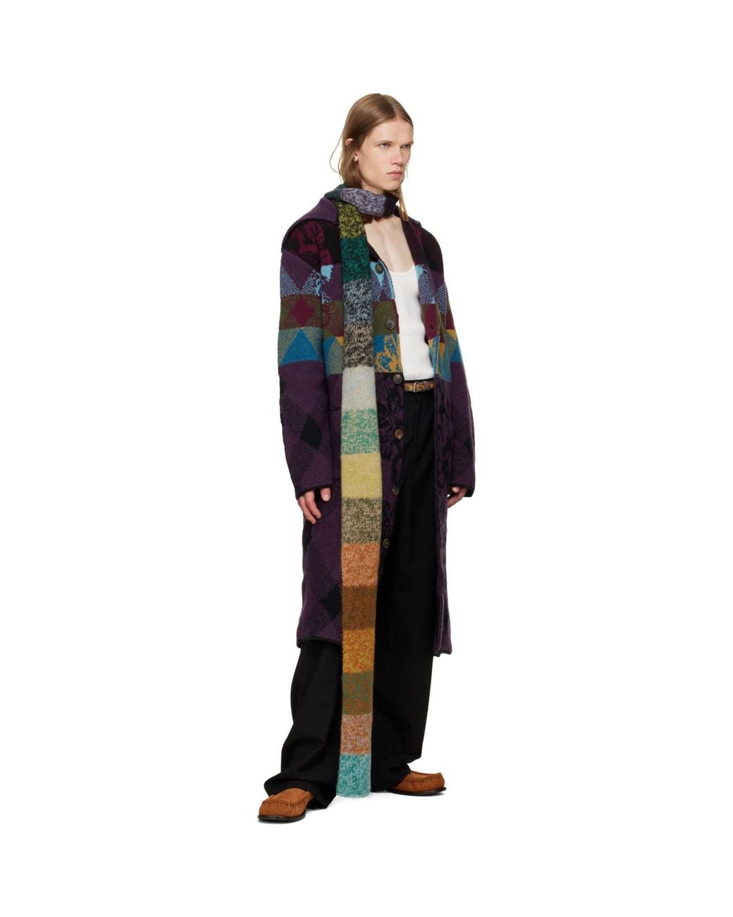 Dries Van Noten Blue Patchwork Wool Cardigan Coat for men