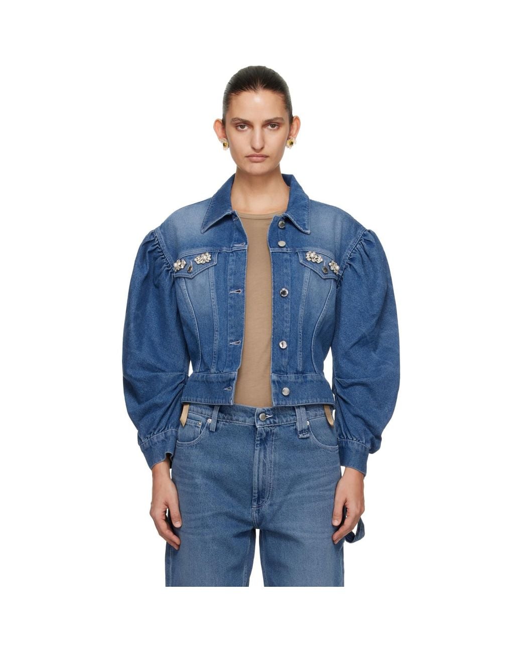 Simone Rocha Blue Embellished Sculpted Draped Sleeve Denim Jacket