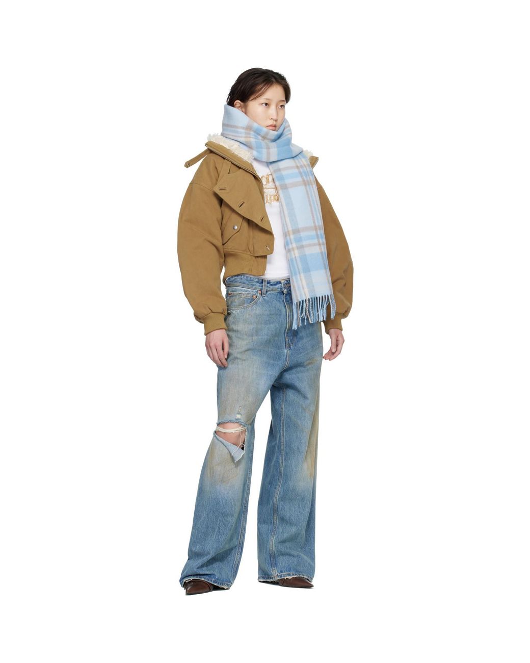 Acne Blue Logo Fringe Scarf