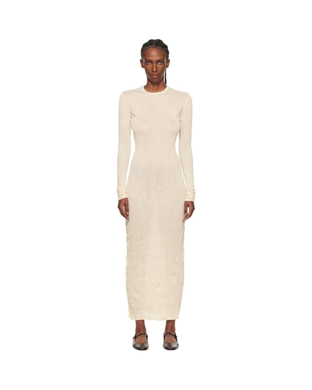 Totême Black Crinkled Knit Long-Sleeve Midi Dress