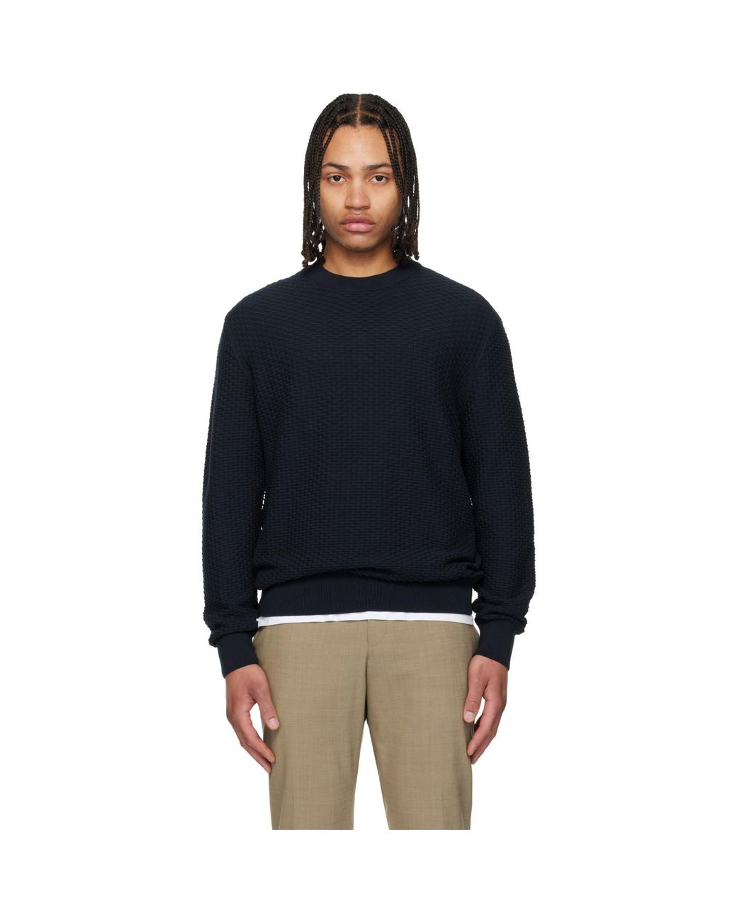 Boss Blue Cotton Knitted Structure Sweater for men