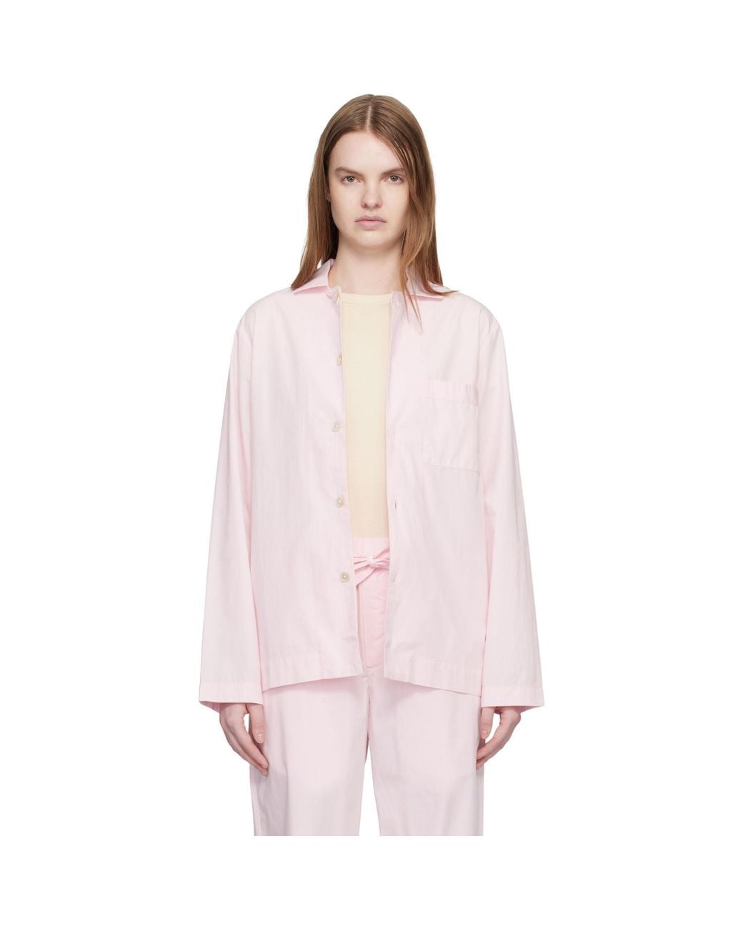 Tekla Pink Poplin Long-Sleeved Pyjama Shirt