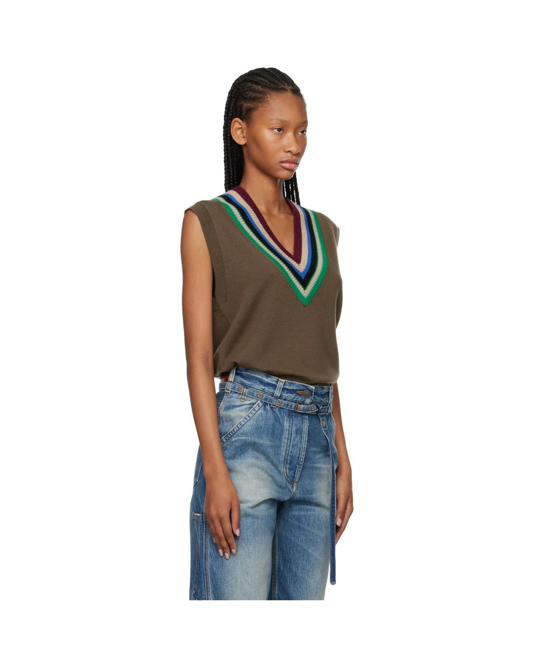 Dries Van Noten Black Khaki V-Neck Wool Vest