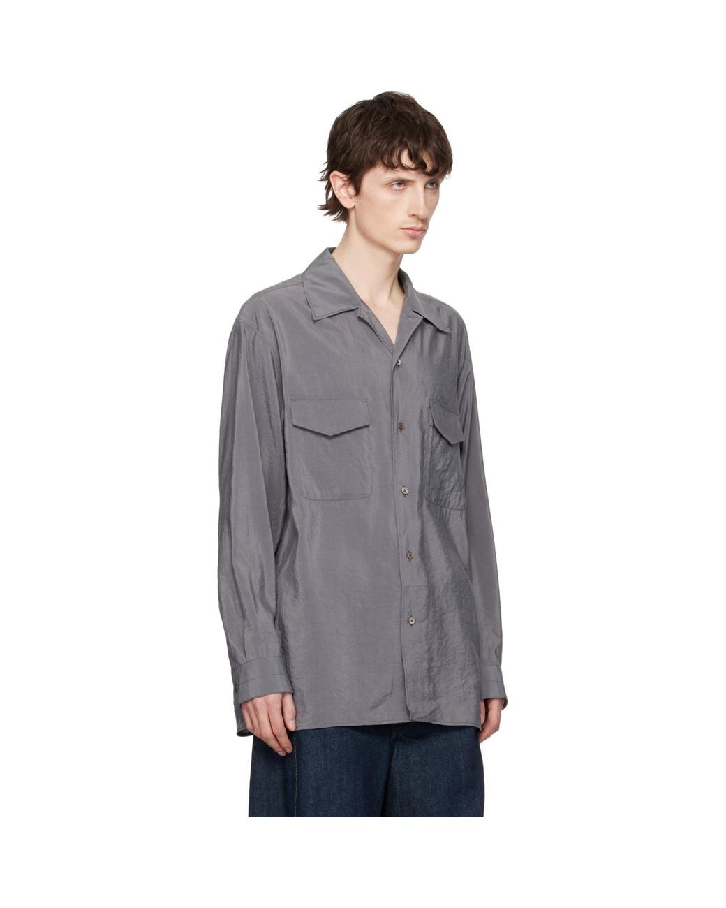 Lemaire Gray Convertible Collar Dry Silk Shirt for men