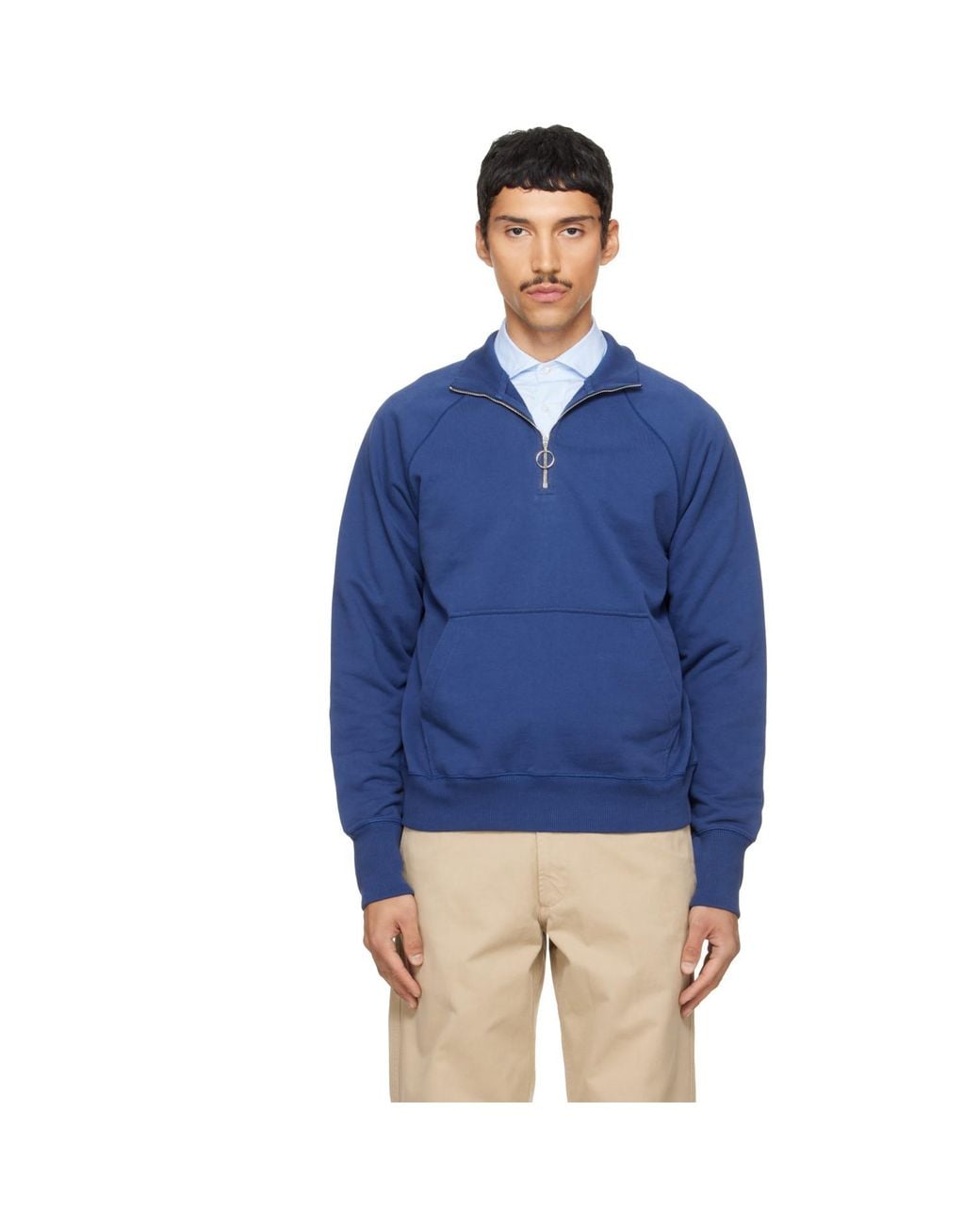 Drake's Blue Cotton Quarter Zip Sweatshirt for men
