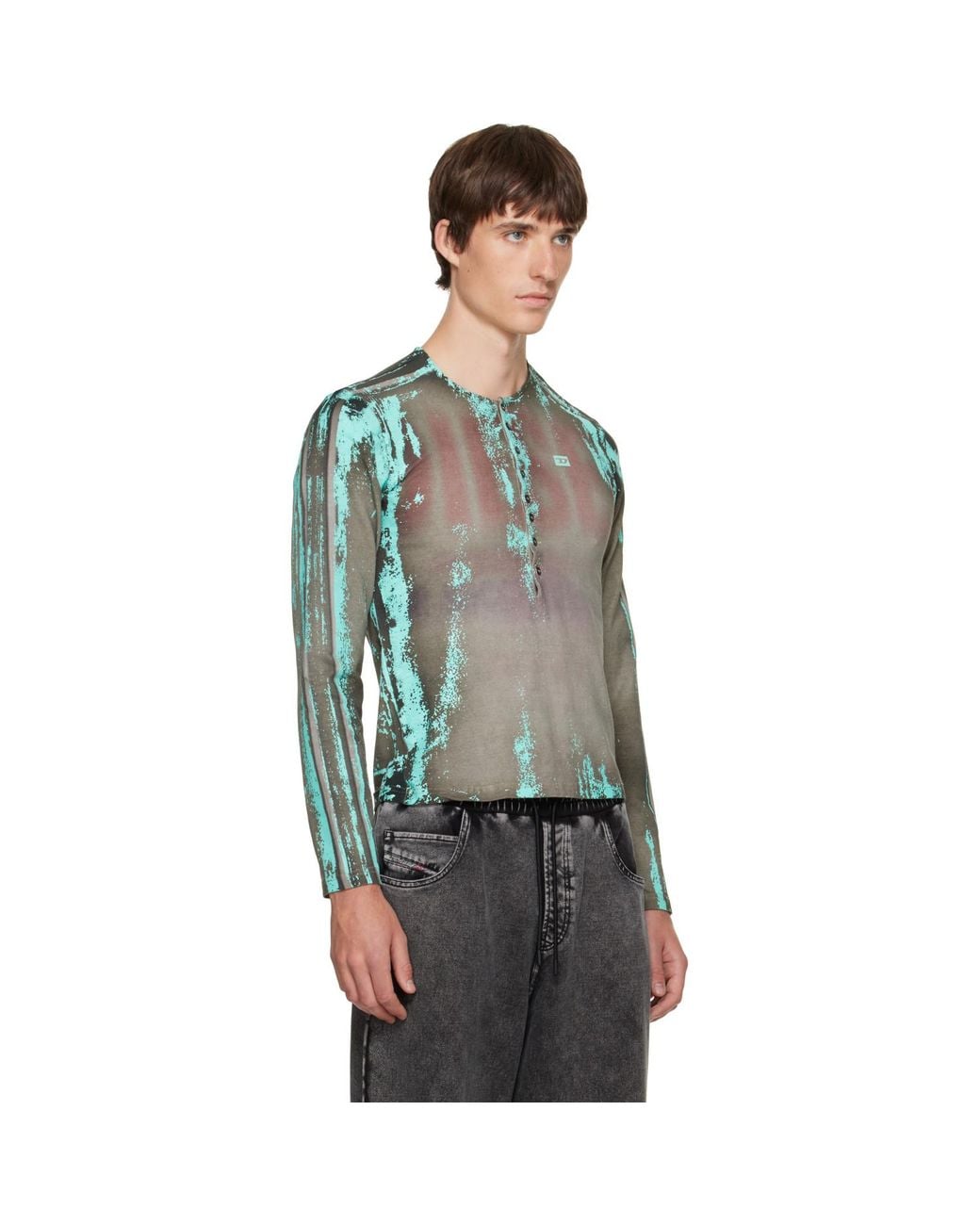 DIESEL Green Grandad Cracked Leather-Effect Jersey Henley for men