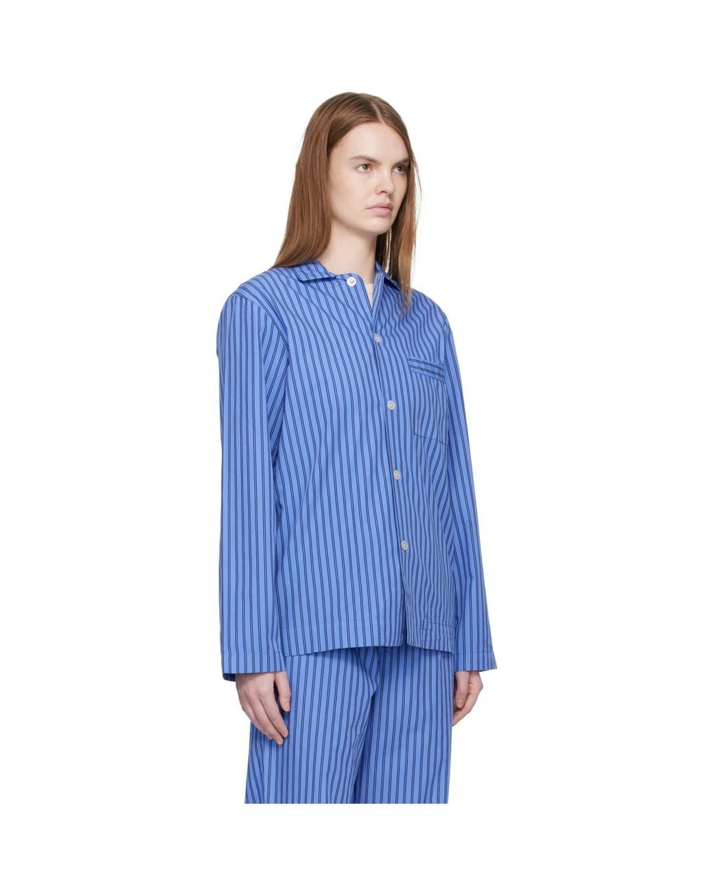 Tekla Blue Poplin Long-Sleeved Pyjama Shirt