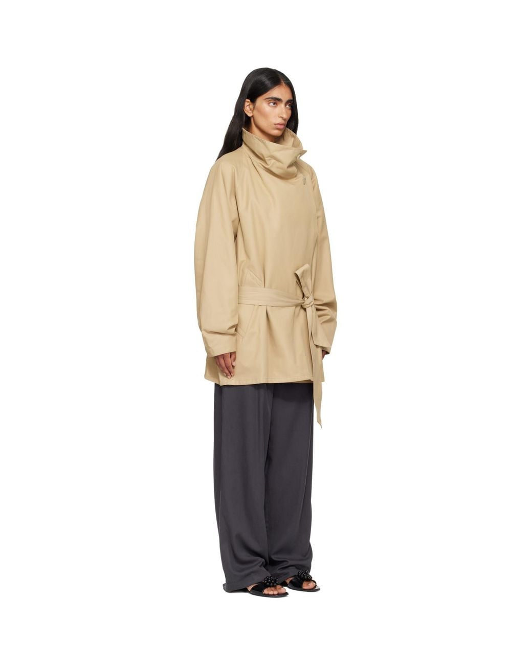 LE17SEPTEMBRE Natural Cotton Draped Funnel Neck Half Trench Coat