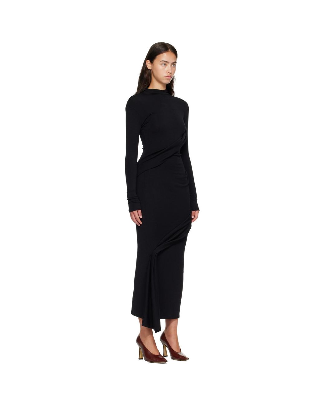 Mugler Black Draped Turtleneck Maxi Dress