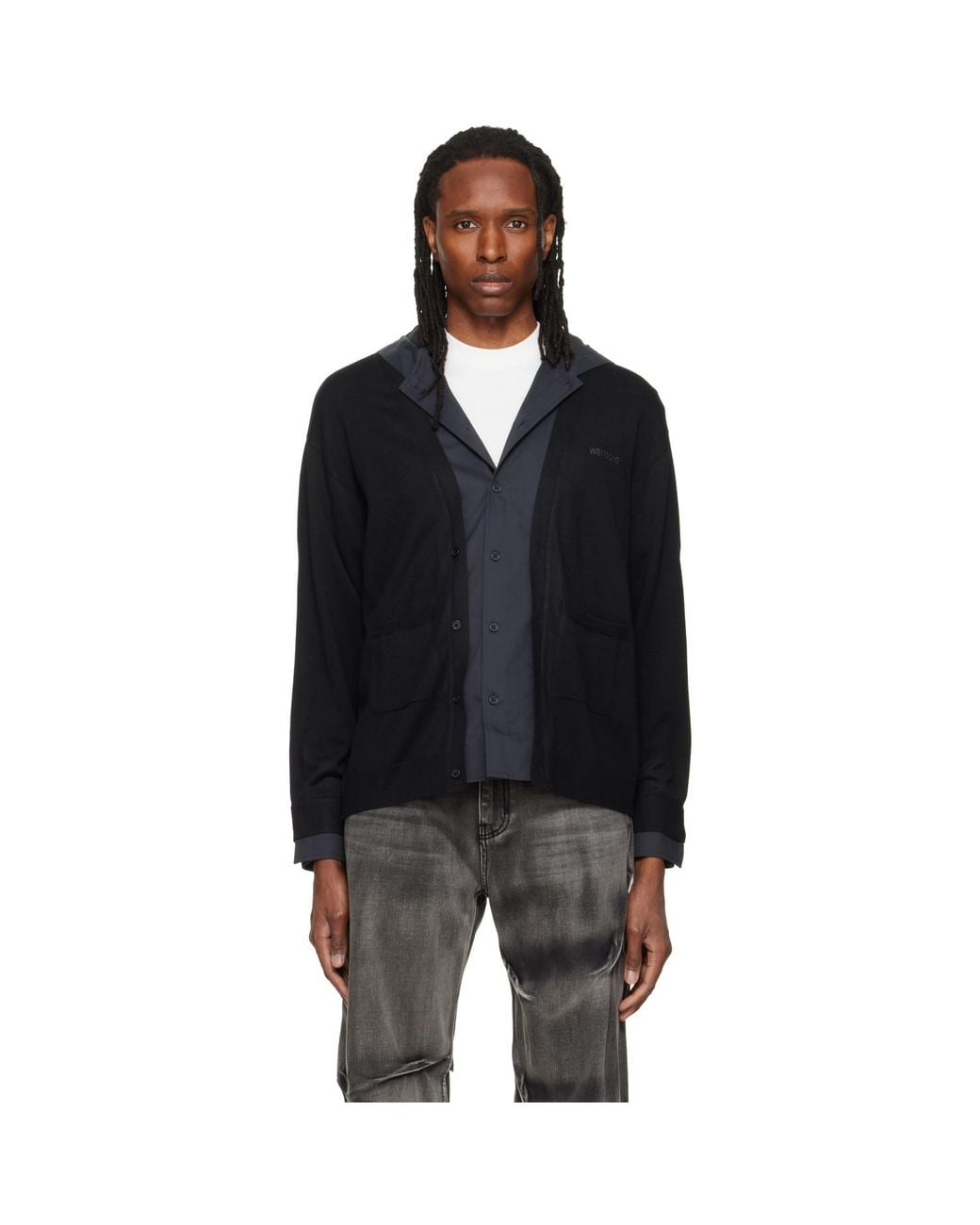we11done Black Hooded Shirt-Layered Cardigan for men
