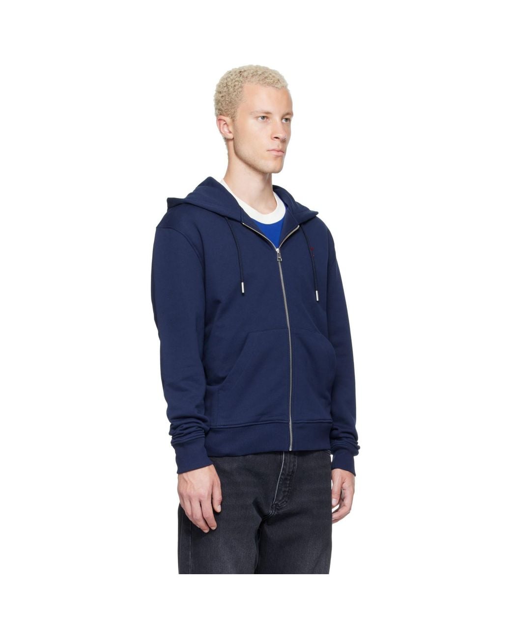 AMI Blue Zipped Cotton Ami De Coeur Hoodie for men