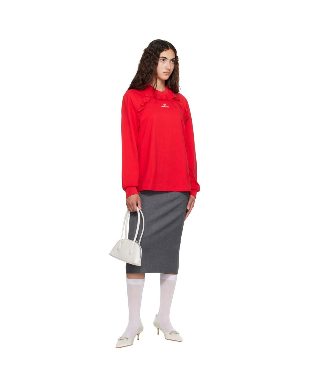 ShuShu/Tong Red Lace Trim Long Sleeve T-Shirt