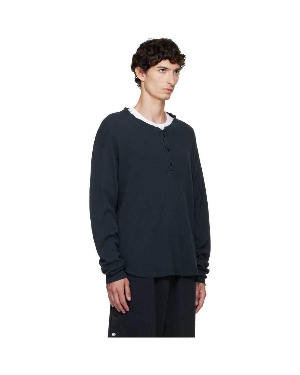 Les Tien Blue Thermal Baseball Hem Henley for men