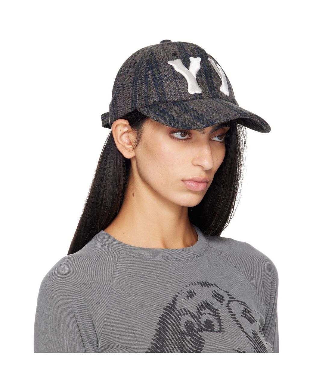 OPEN YY Gray 'Yy' Checkered Heart Bone Ball Cap