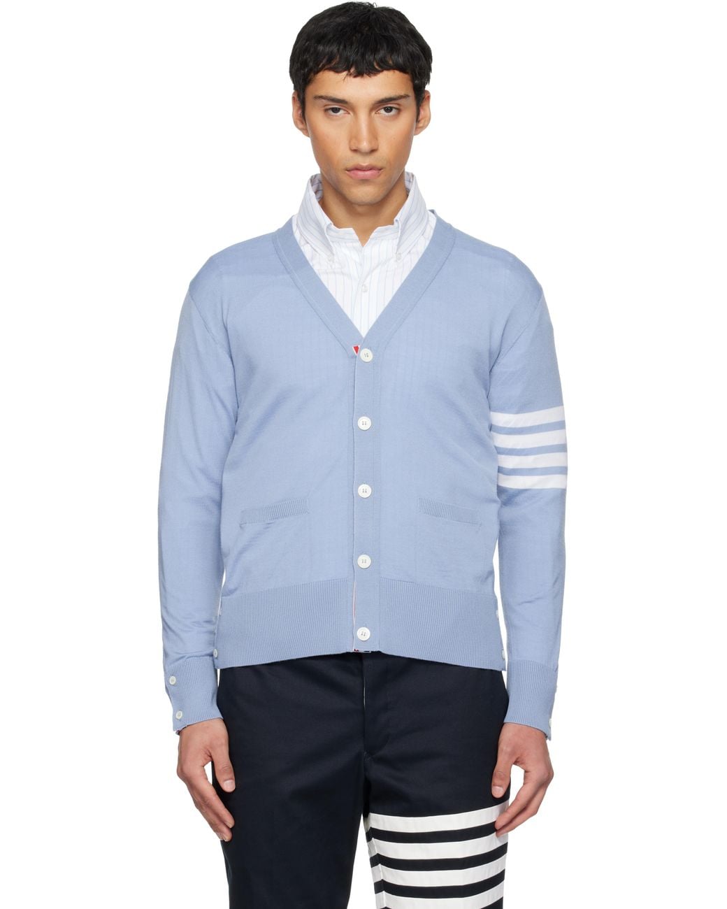 Thom Browne Blue Merino Wool 4-Bar Classic V-Neck Cardigan for men