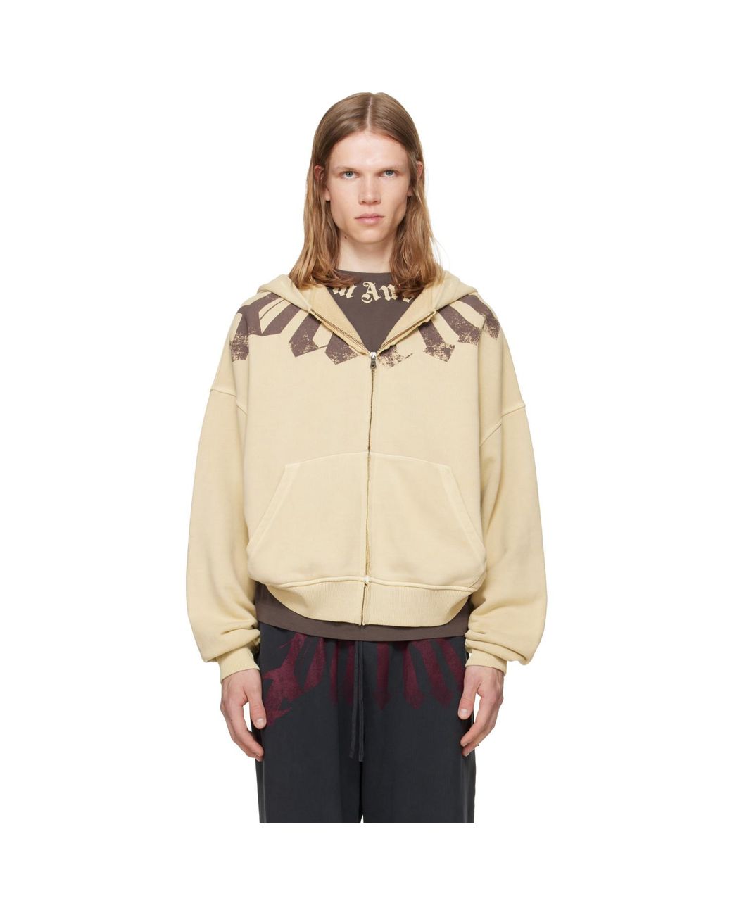 Palm Angels Natural Big Neck Logo Zip Hoodie for men