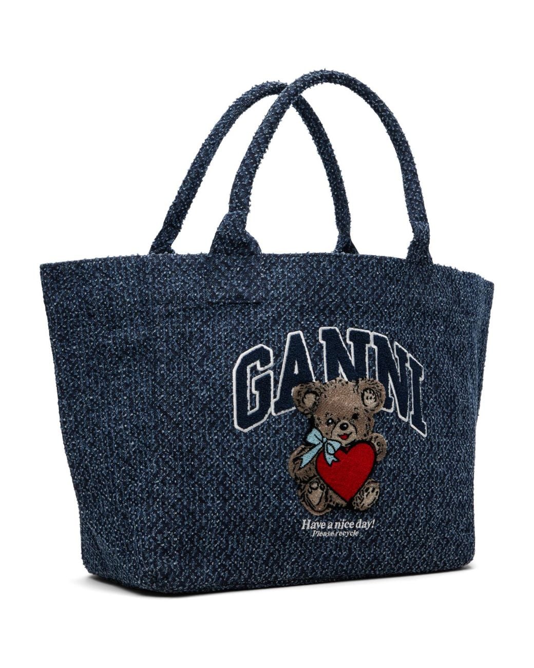 Ganni Blue Medium Trapeze Bear Denim Shopper Tote