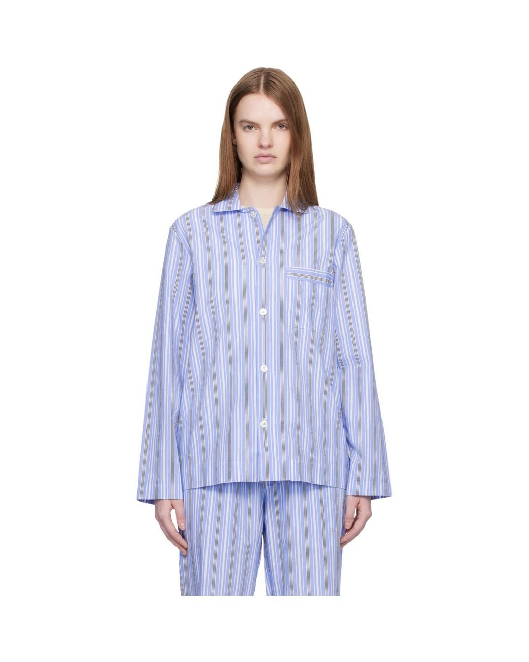 Tekla Blue Poplin Long-Sleeved Pyjama Shirt