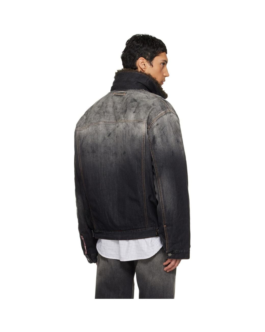 Acne Black Washed Paint Splattered Faux Shearling Denim Jacket for men