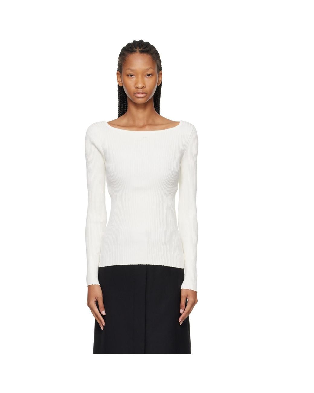 Courreges White Square Neck Rib Knit Sweater