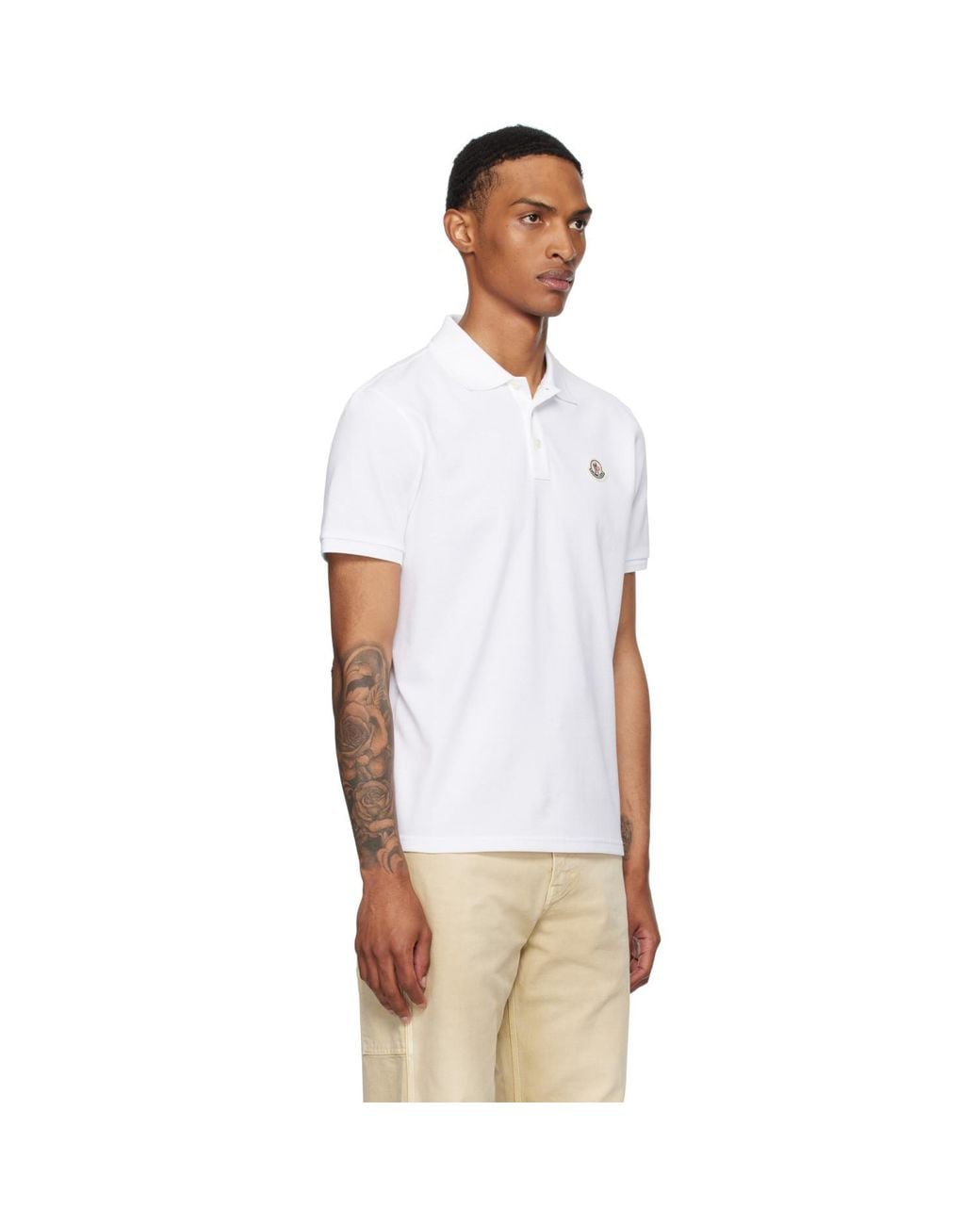 Moncler White Logo Patch Cotton Piquet Polo for men