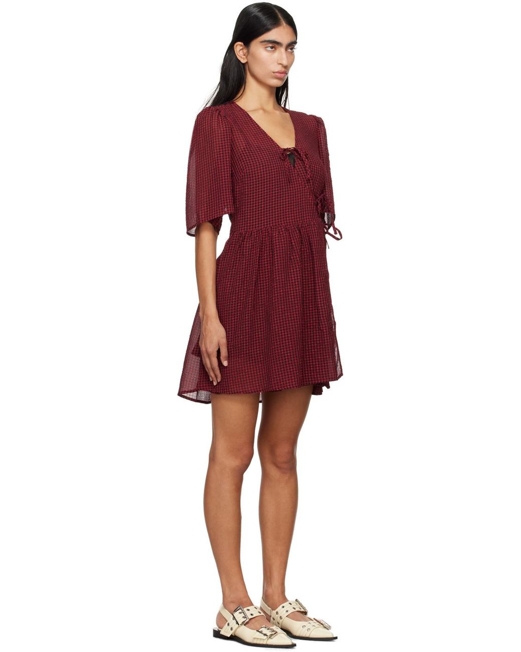 【GANNI】Red Sheer Tie String Wrap Dress ワンピース Winery Red Sheer Tie String Wrap Dress | GANNI US