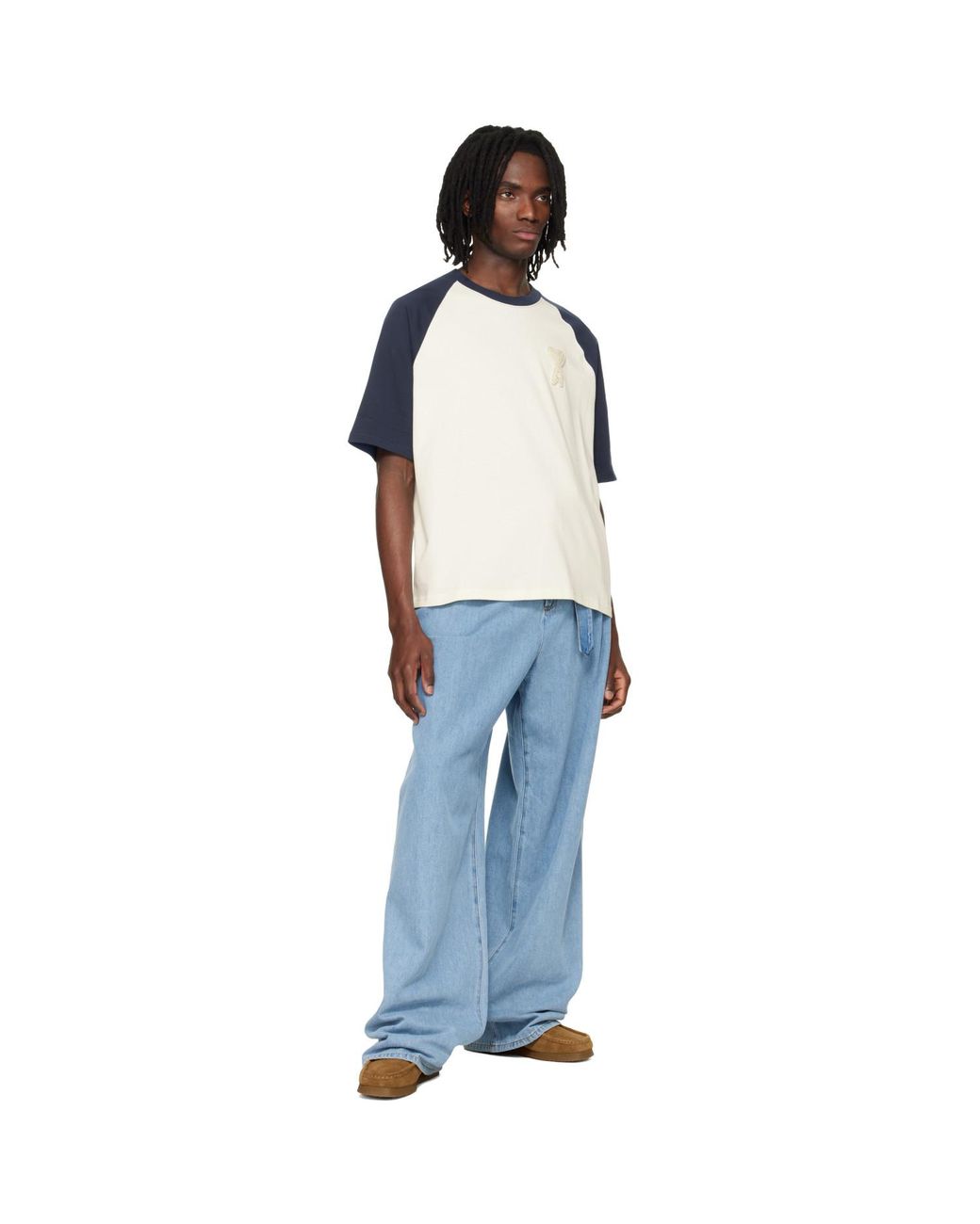 AMI Blue Cotton Ami De Coeur Knitted Patch T-Shirt for men
