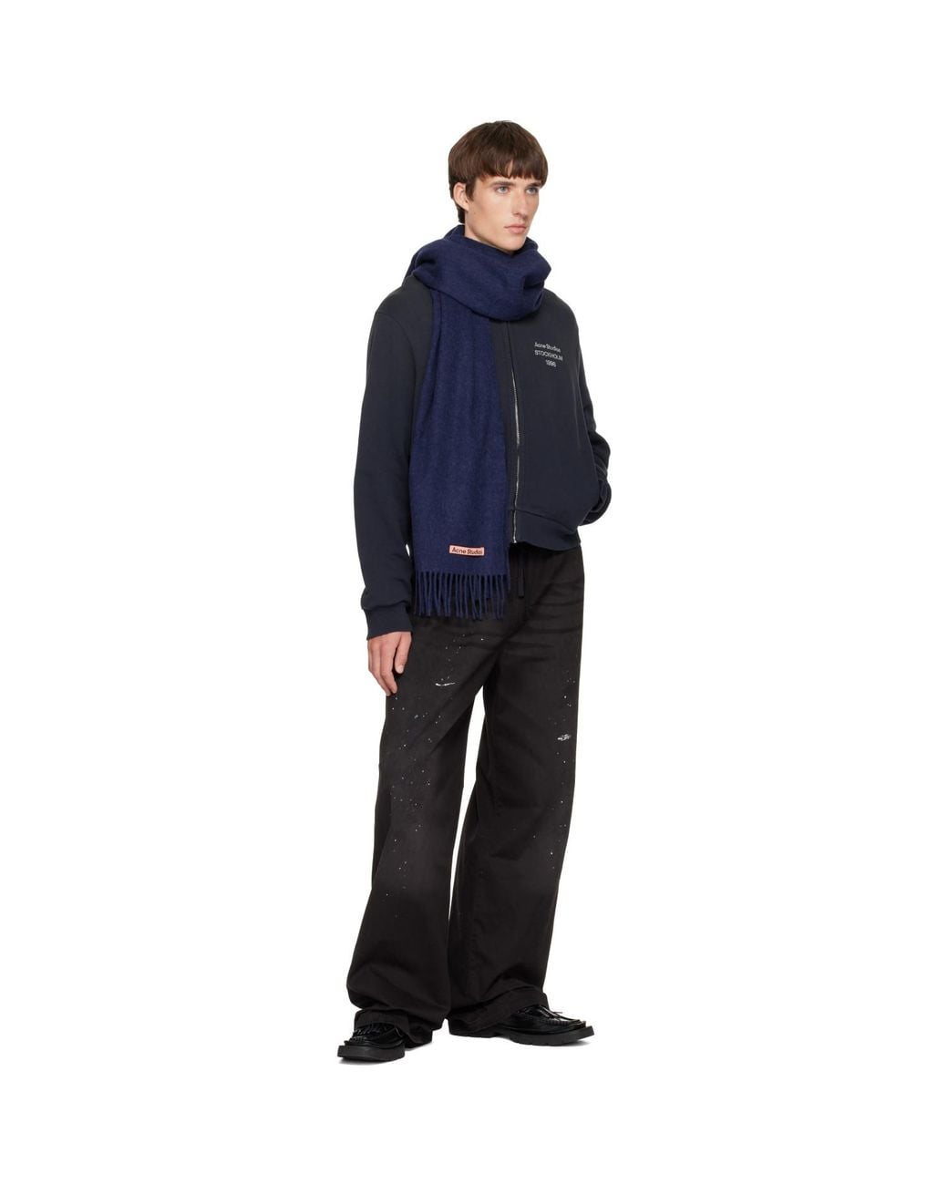 Acne Blue Fringe Wool Narrow Scarf for men