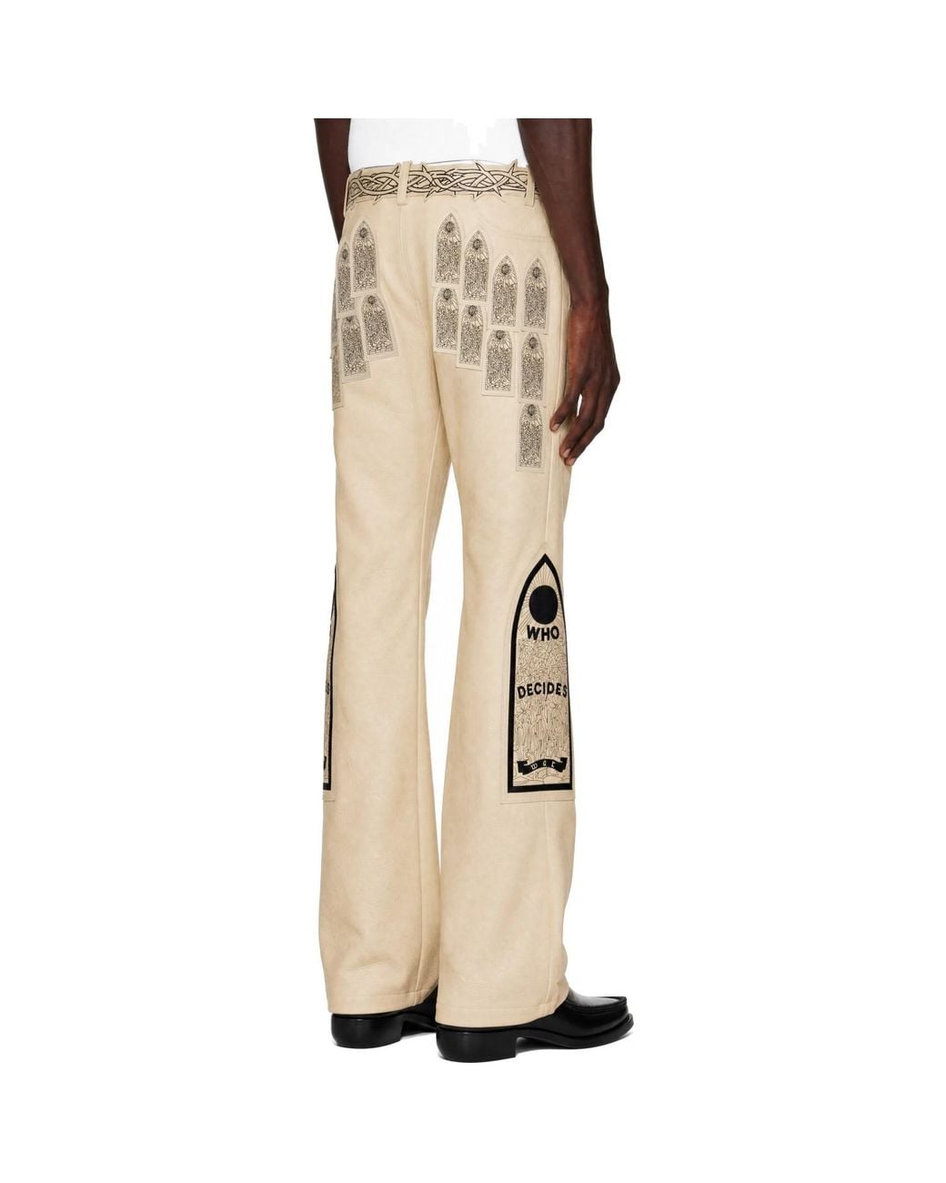 Who Decides War Natural Patched Arch Embroidered Leather Trousers for men