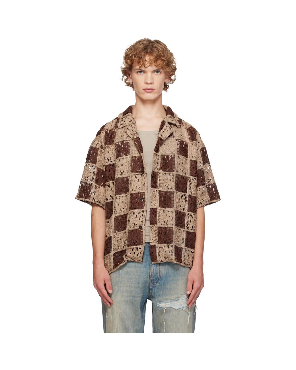Amiri Brown Ma Quad Checker Oversized Camp Shirt for men