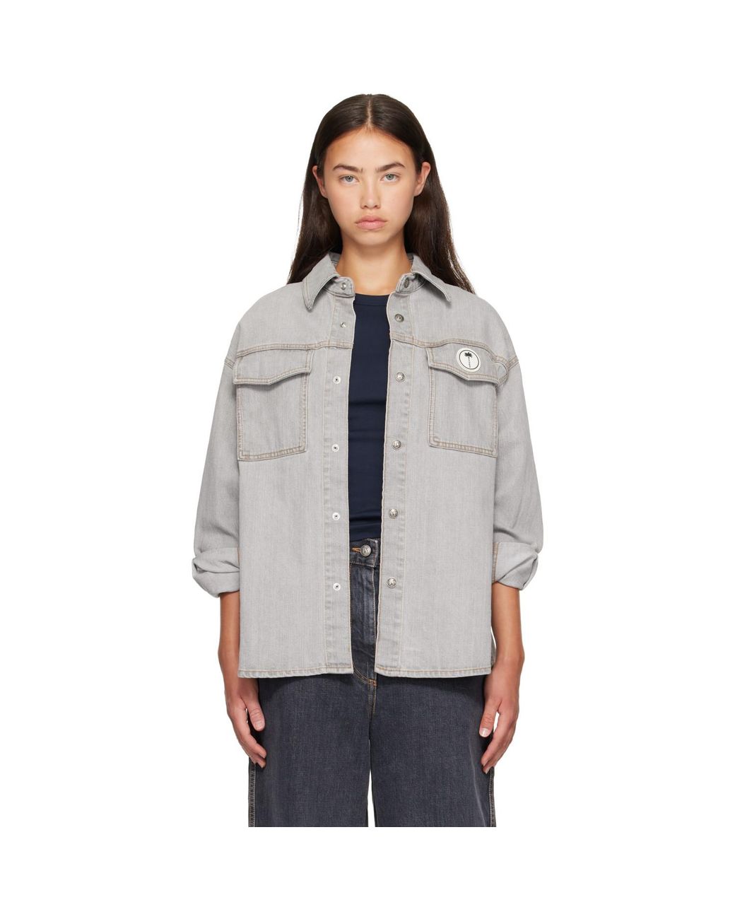 Palm Angels Gray Tree Logo Denim Overshirt