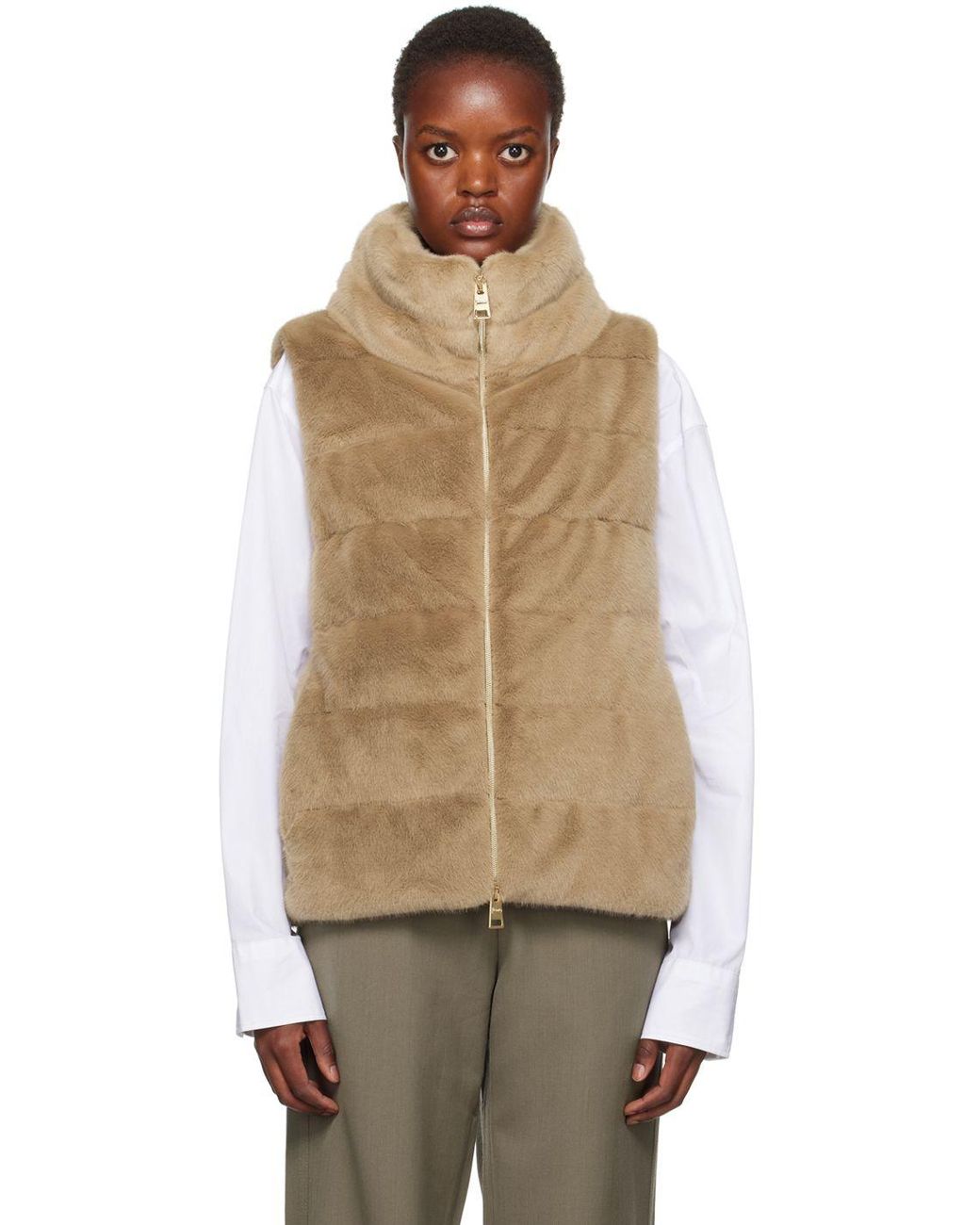 Herno Tan Quilted Faux fur Down Vest Lyst