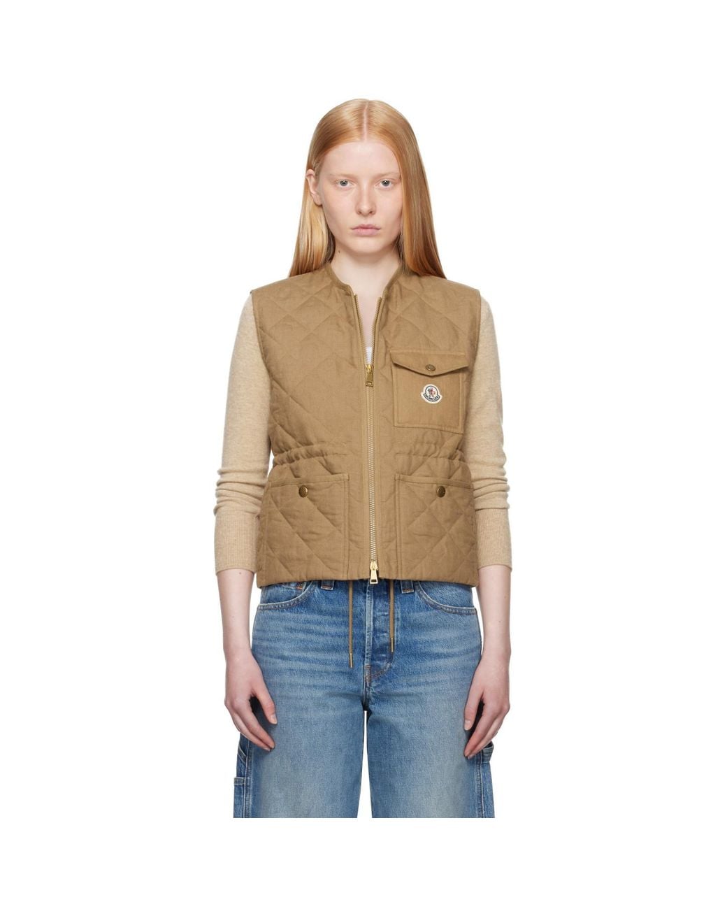 Moncler Blue Tan Vigny Diamond-quilted Padded Linen Vest