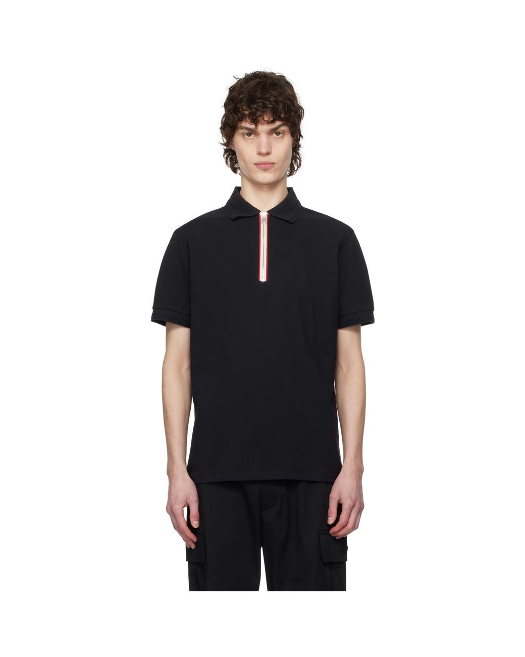 Moncler Black Tricolour Trim Cotton Piquet Polo for men