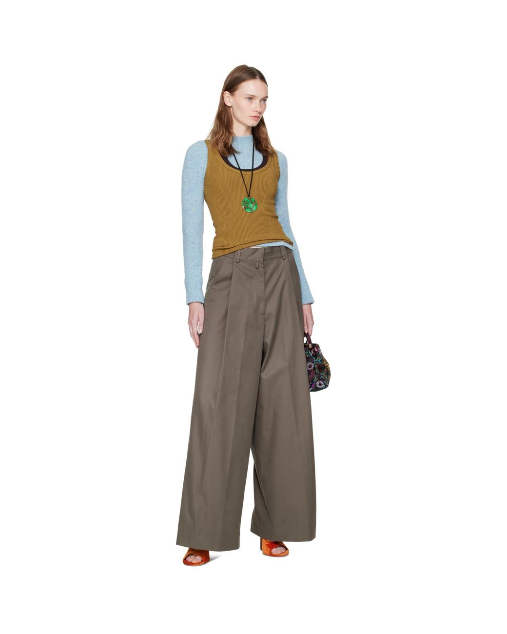 Dries Van Noten Gray Khaki Wide Pleated Cotton Trousers