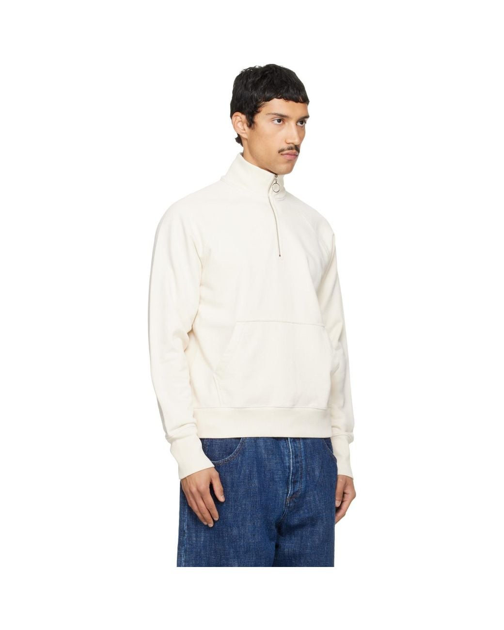 Drake's White Cotton Quarter Zip Sweatshirt for men