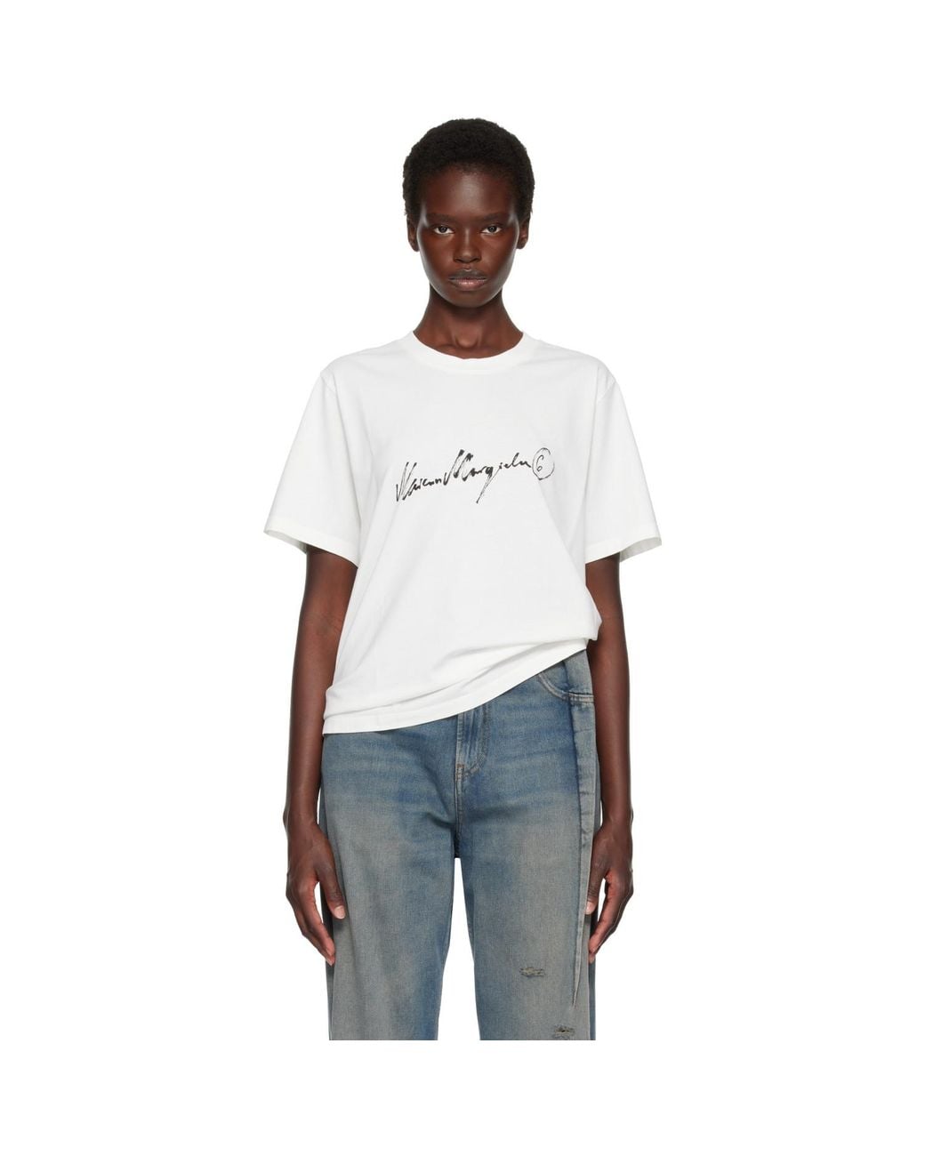 MM6 by Maison Margiela White Off- Overdyed Handwritten-Print T-Shirt