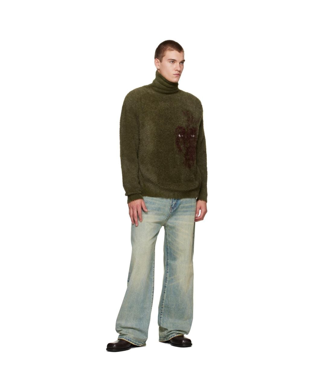 Kidsuper Green Fuzzy Knit 'Hatched Face' Turtleneck for men