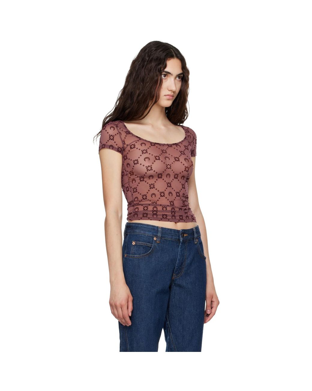 MARINE SERRE Red Burgundy Moonogram Mesh Flock T-Shirt