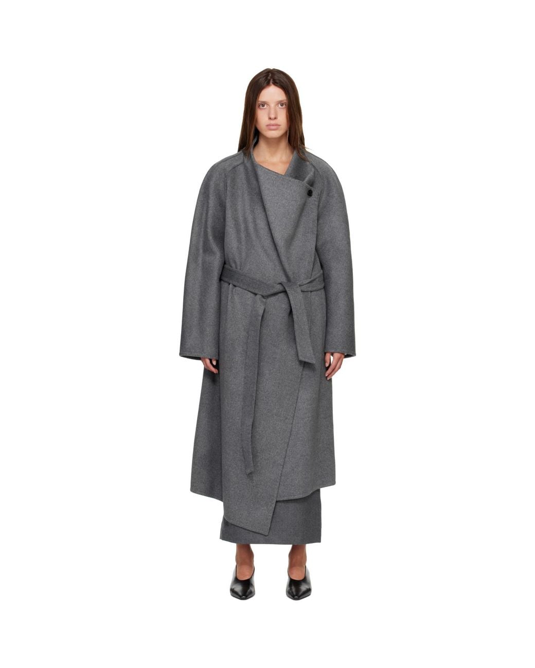R2W Gray Porin Draped Button Wool Cash Coat